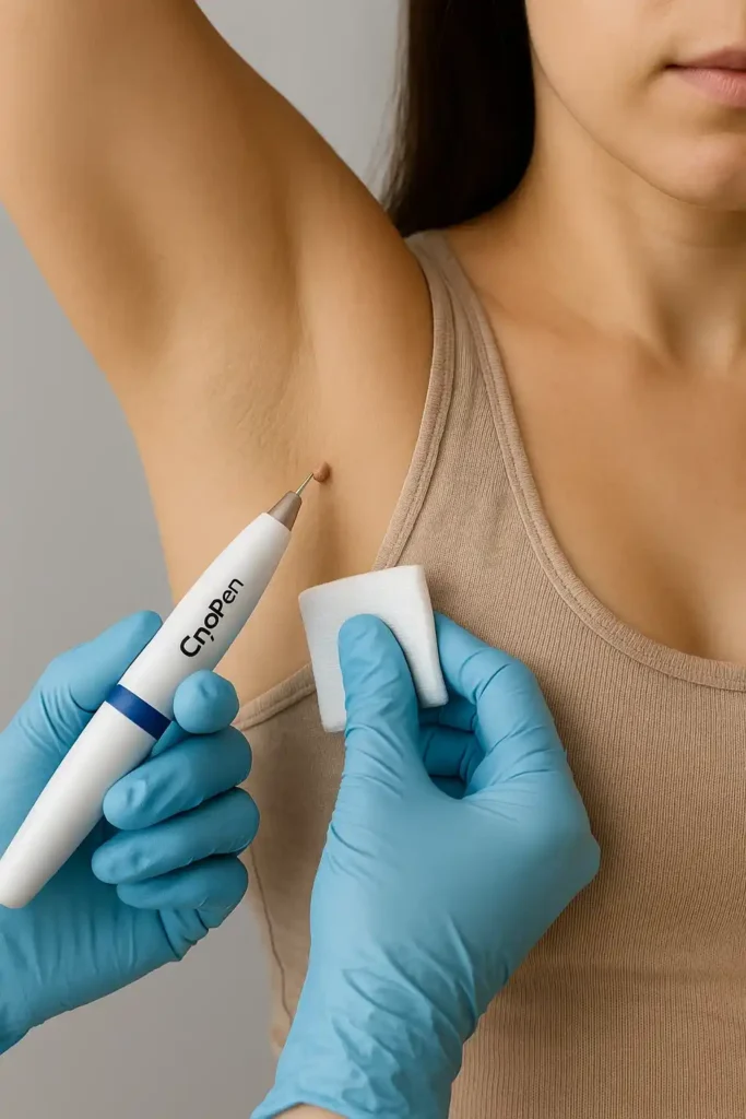 woman having cryopen to remove underarm skin tags Sparkhill