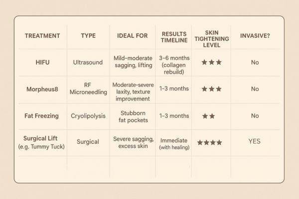 Table showing the comparisons of Skin tightening Sparkhill treatment options.